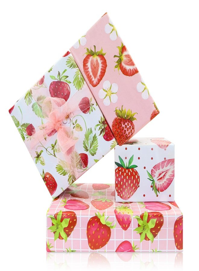 Geluode Strawberry Wrapping Paper,Pink Red Fruit Wrapping Paper 4 Designs 8 Sheet,Pretty Cute Sweet Gift Wrap Paper 20 x 27 Inch For Birthday Baby Shower Wedding Spring Summer Party Boys Girls Kids DIY Crafts - Image 1